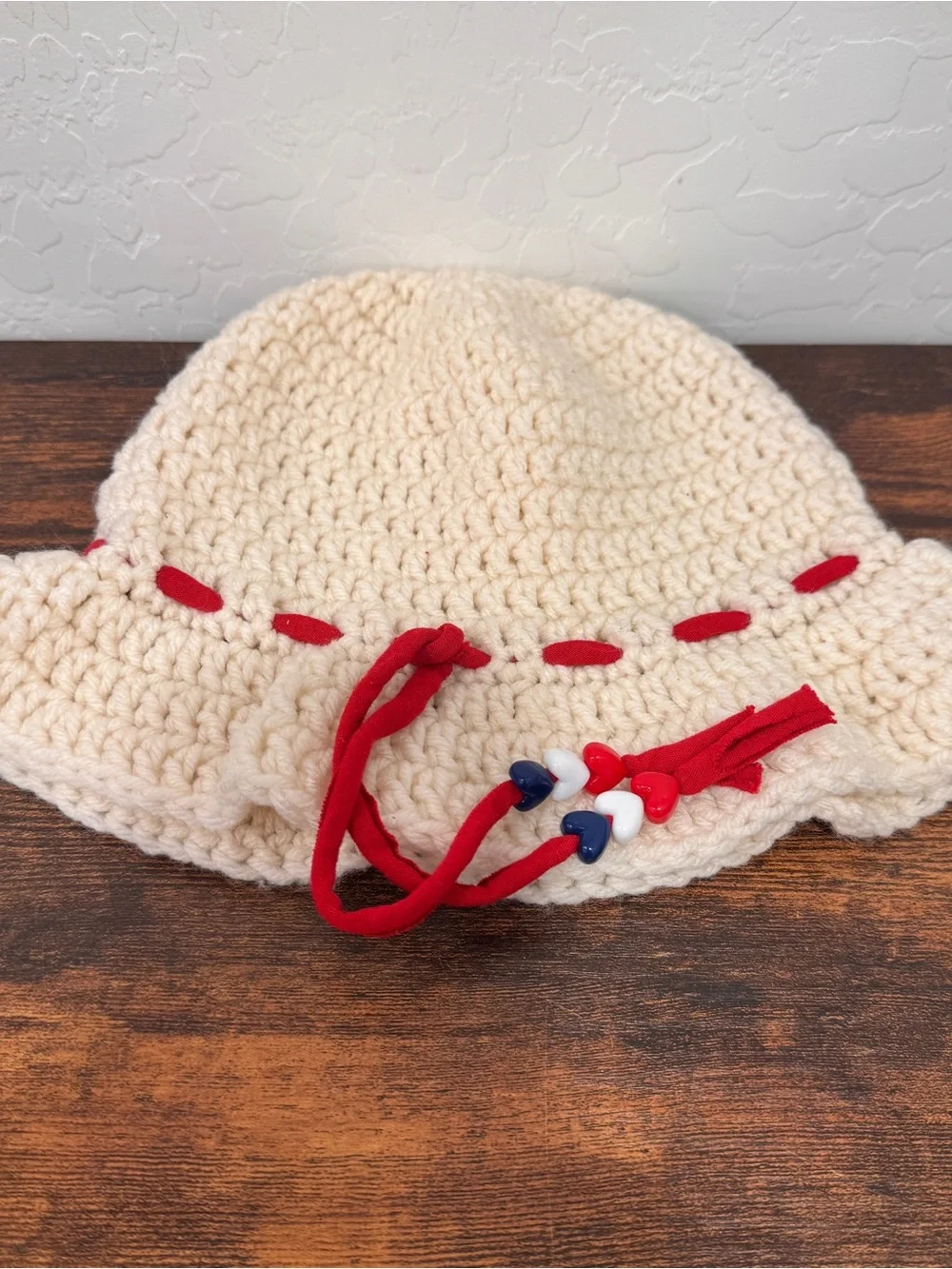 Handmade Knit Bucket Hat Kids Girls Red White Blue Patriotic